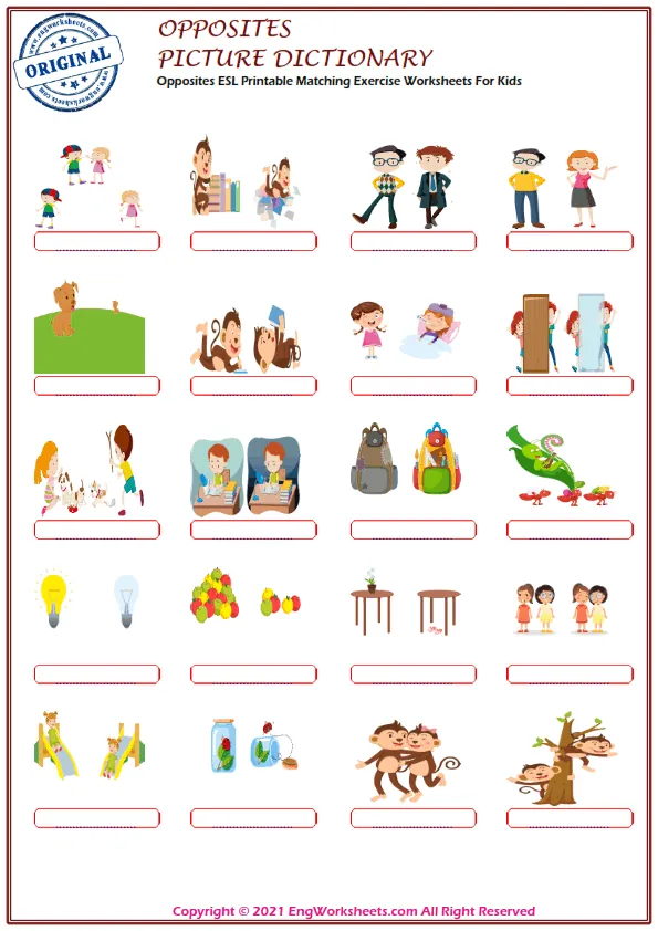 Opposites ESL Printable Matching Exercise Worksheets For Kids Worksheet Preview