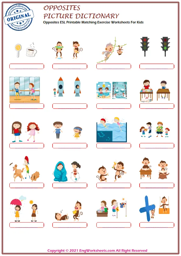 Opposites ESL Printable Matching Exercise Worksheets For Kids Worksheet Preview