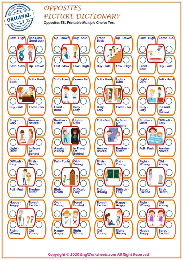 Opposites ESL Printable Multiple Choice Test. Worksheet Preview