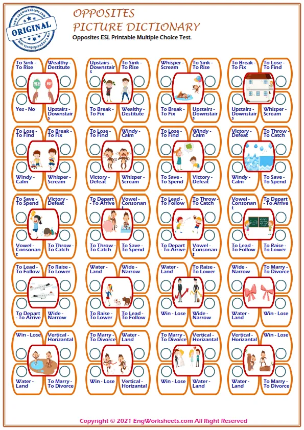 Opposites ESL Printable Multiple Choice Test. Worksheet Preview