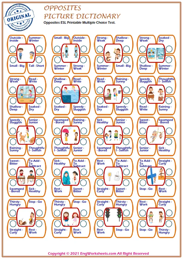 Opposites ESL Printable Multiple Choice Test. Worksheet Preview