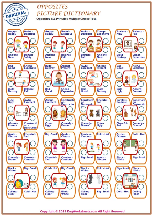 Opposites ESL Printable Multiple Choice Test. Worksheet Preview