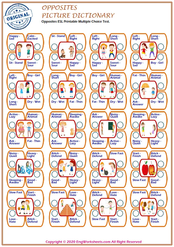 Opposites ESL Printable Multiple Choice Test. Worksheet Preview