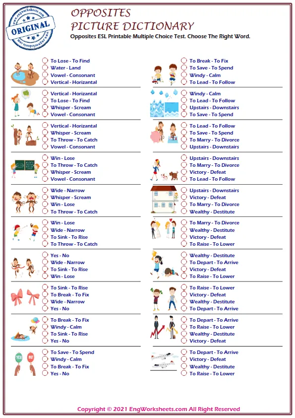 Opposites ESL Printable Multiple Choice Test. Choose The Right Word. Worksheet Preview