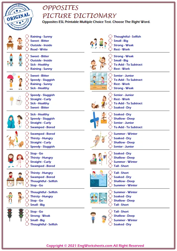 Opposites ESL Printable Multiple Choice Test. Choose The Right Word. Worksheet Preview