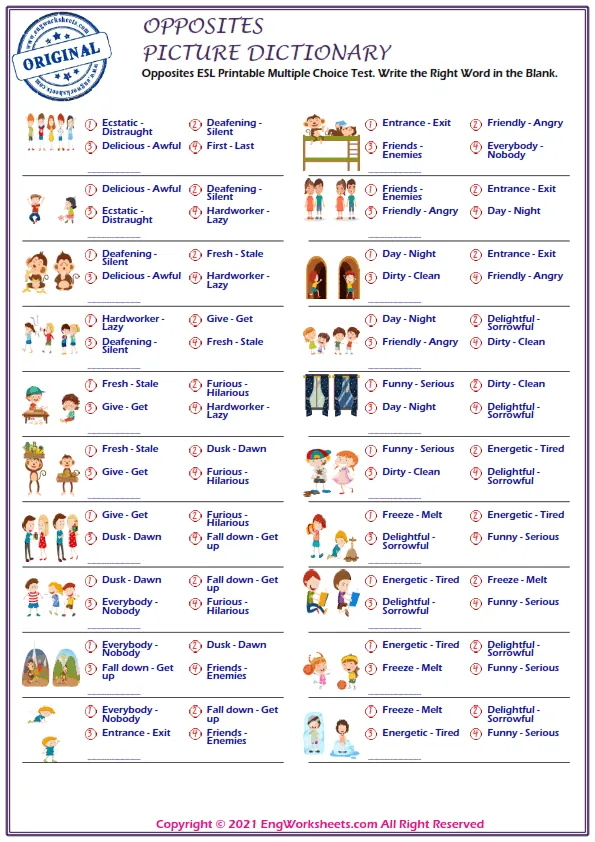 Opposites ESL Printable Multiple Choice Test. Write the Right Word in the Blank. Worksheet Preview
