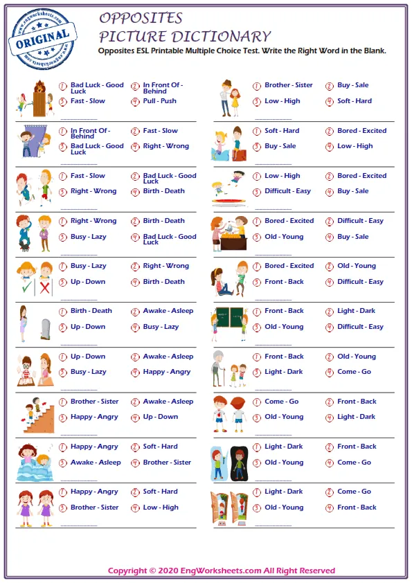 Opposites ESL Printable Multiple Choice Test. Write the Right Word in the Blank. Worksheet Preview