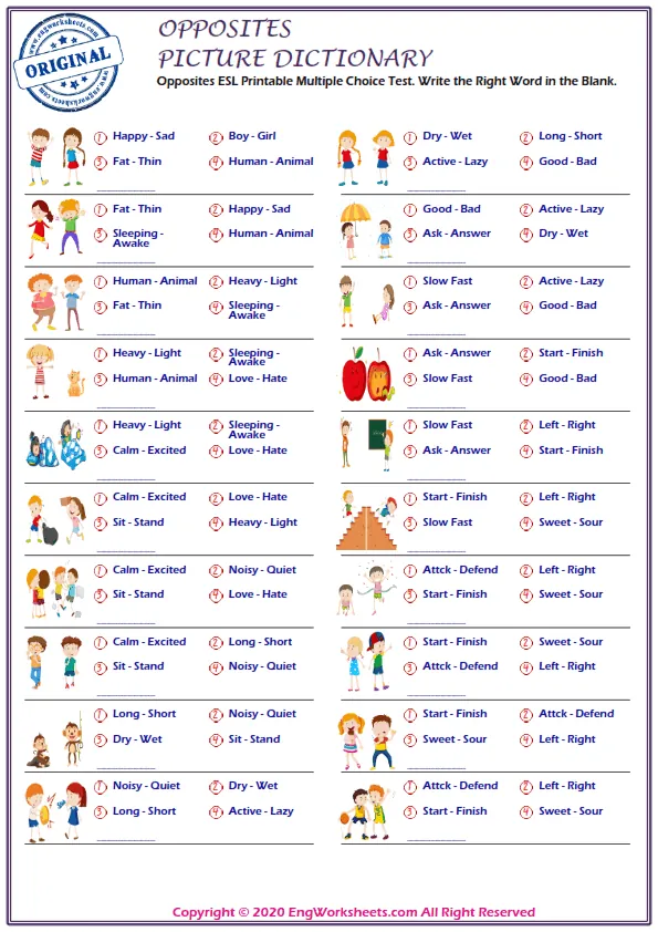 Opposites ESL Printable Multiple Choice Test. Write the Right Word in the Blank. Worksheet Preview
