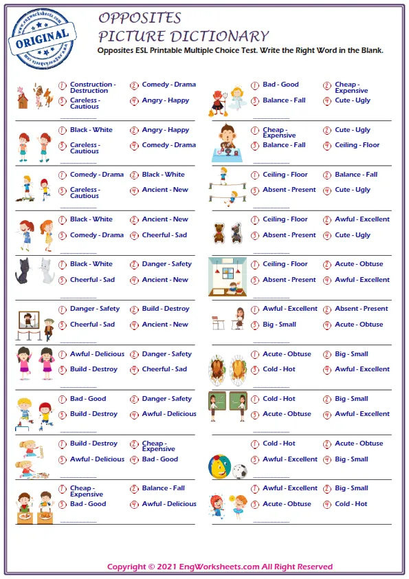 Opposites ESL Printable Multiple Choice Test. Write the Right Word in the Blank. Worksheet Preview