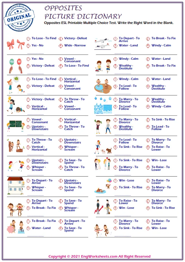 Opposites ESL Printable Multiple Choice Test. Write the Right Word in the Blank. Worksheet Preview
