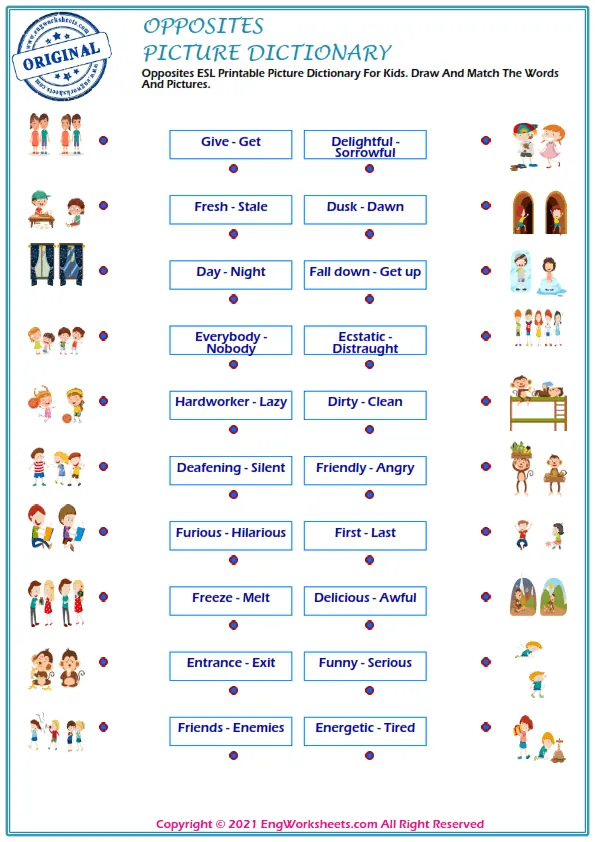 Opposites ESL Printable Picture Dictionary For Kids. Draw And Match The Words And Pictures. Worksheet Preview
