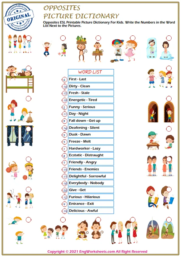 Opposites ESL Printable Picture Dictionary For Kids. Write the Numbers in the Word List Next to the Pictures. Worksheet Preview