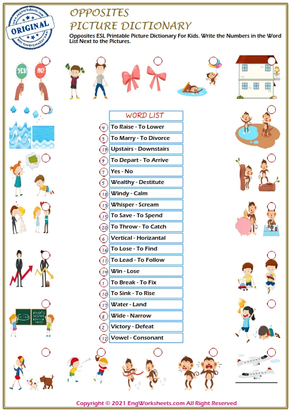 Opposites ESL Printable Picture Dictionary For Kids. Write the Numbers in the Word List Next to the Pictures. Worksheet Preview