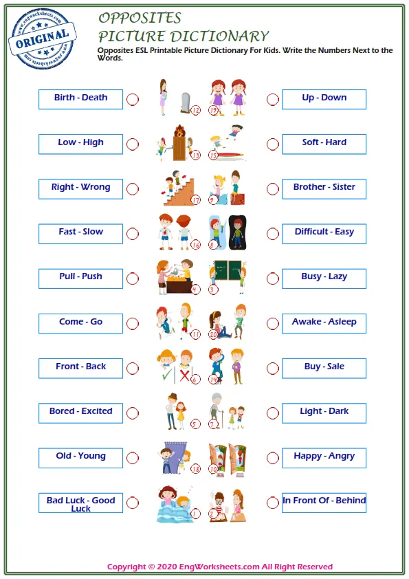 Opposites ESL Printable Picture Dictionary For Kids. Write the Numbers Next to the Words. Worksheet Preview