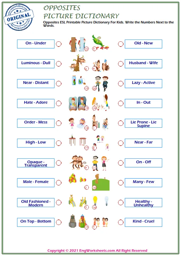 Opposites ESL Printable Picture Dictionary For Kids. Write the Numbers Next to the Words. Worksheet Preview
