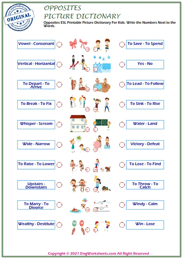 Opposites ESL Printable Picture Dictionary For Kids. Write the Numbers Next to the Words. Worksheet Preview