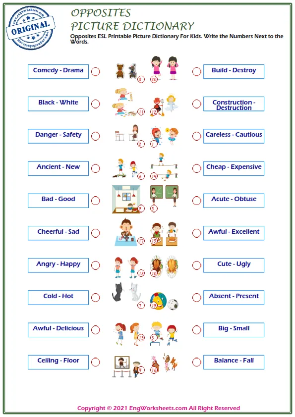 Opposites ESL Printable Picture Dictionary For Kids. Write the Numbers Next to the Words. Worksheet Preview