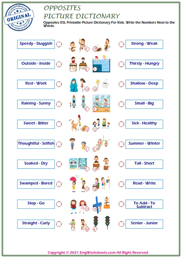 Opposites ESL Printable Picture Dictionary For Kids. Write the Numbers Next to the Words. Worksheet Preview