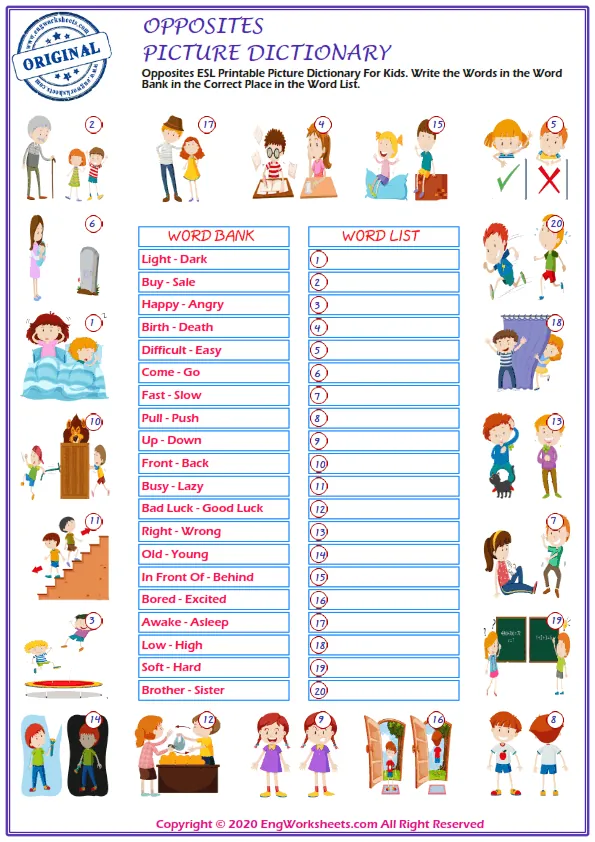 Opposites ESL Printable Picture Dictionary For Kids. Write the Words in the Word Bank in the Correct Place in the Word List. Worksheet Preview