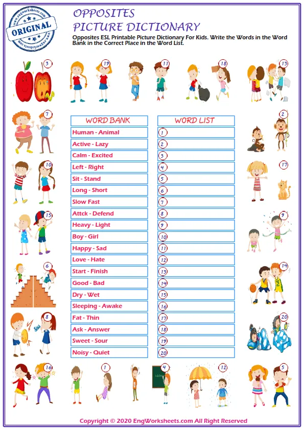 Opposites ESL Printable Picture Dictionary For Kids. Write the Words in the Word Bank in the Correct Place in the Word List. Worksheet Preview