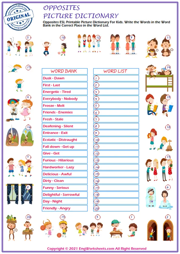 Opposites ESL Printable Picture Dictionary For Kids. Write the Words in the Word Bank in the Correct Place in the Word List. Worksheet Preview
