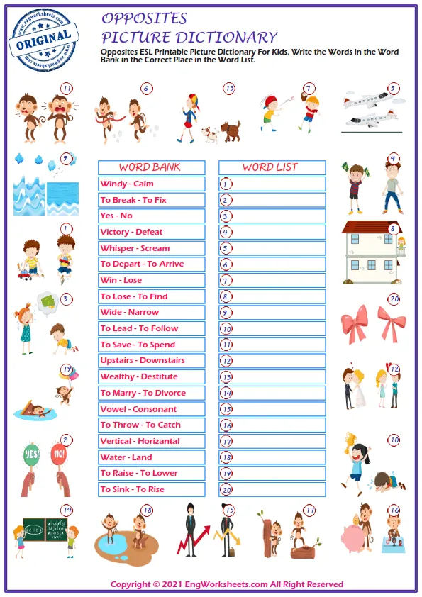 Opposites ESL Printable Picture Dictionary For Kids. Write the Words in the Word Bank in the Correct Place in the Word List. Worksheet Preview