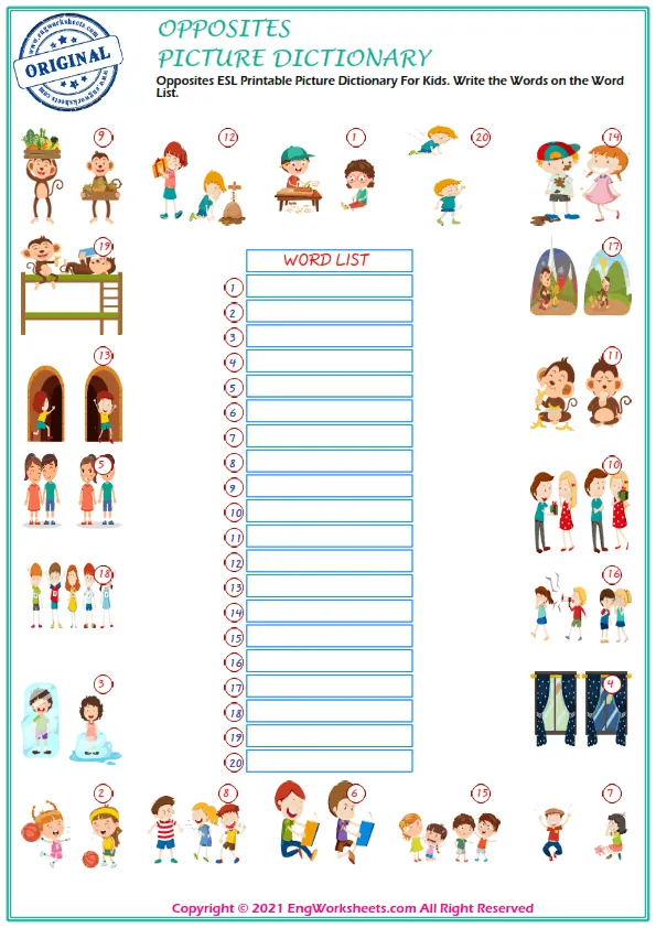 Opposites ESL Printable Picture Dictionary For Kids. Write the Words on the Word List. Worksheet Preview