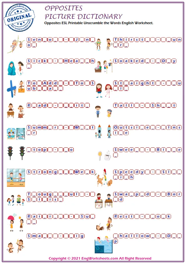 Opposites ESL Printable Unscramble the Words English Worksheet. Worksheet Preview
