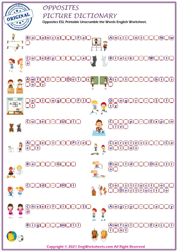 Opposites ESL Printable Unscramble the Words English Worksheet. Worksheet Preview