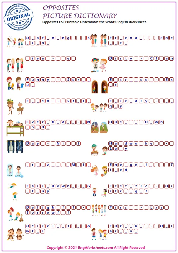 Opposites ESL Printable Unscramble the Words English Worksheet. Worksheet Preview
