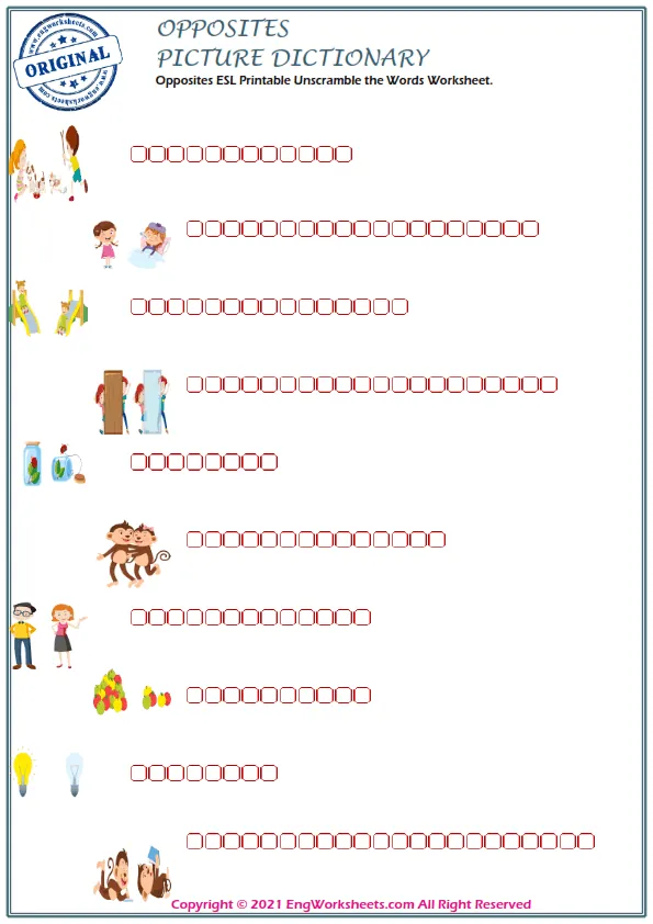 Opposites ESL Printable Unscramble the Words Worksheet. Worksheet Preview