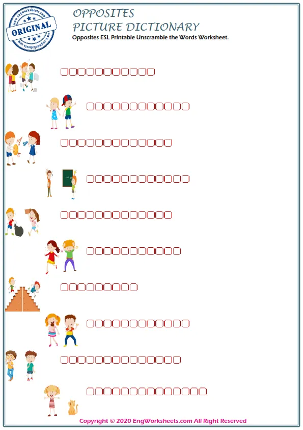 Opposites ESL Printable Unscramble the Words Worksheet. Worksheet Preview