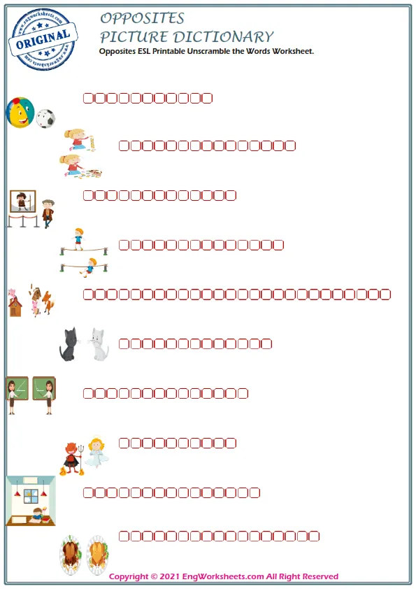 Opposites ESL Printable Unscramble the Words Worksheet. Worksheet Preview
