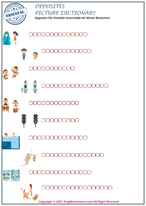 Opposites ESL Printable Unscramble the Words Worksheet. Worksheet Preview