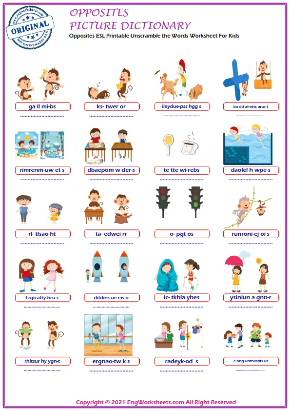 Opposites ESL Printable Unscramble the Words Worksheet For Kids Worksheet Preview