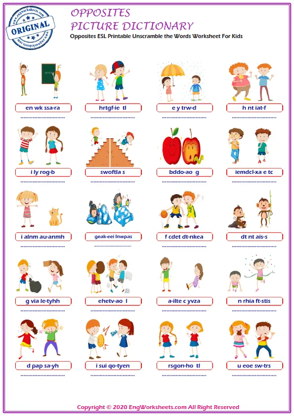 Opposites ESL Printable Unscramble the Words Worksheet For Kids Worksheet Preview