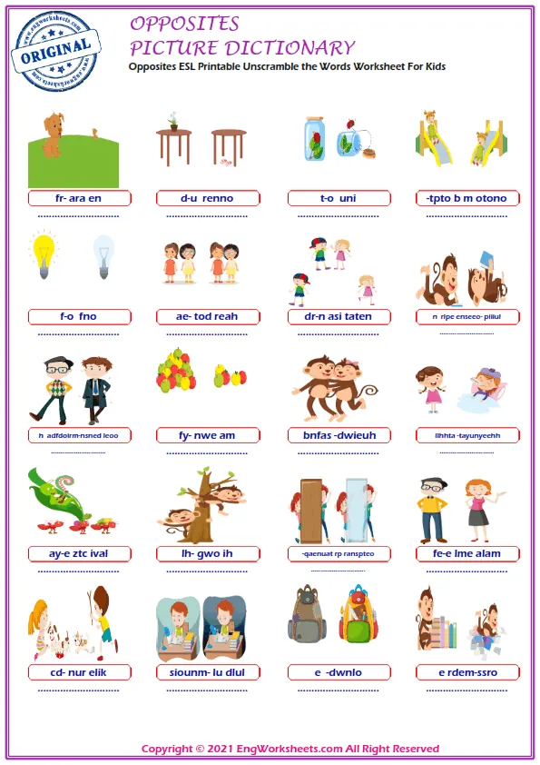 Opposites ESL Printable Unscramble the Words Worksheet For Kids Worksheet Preview