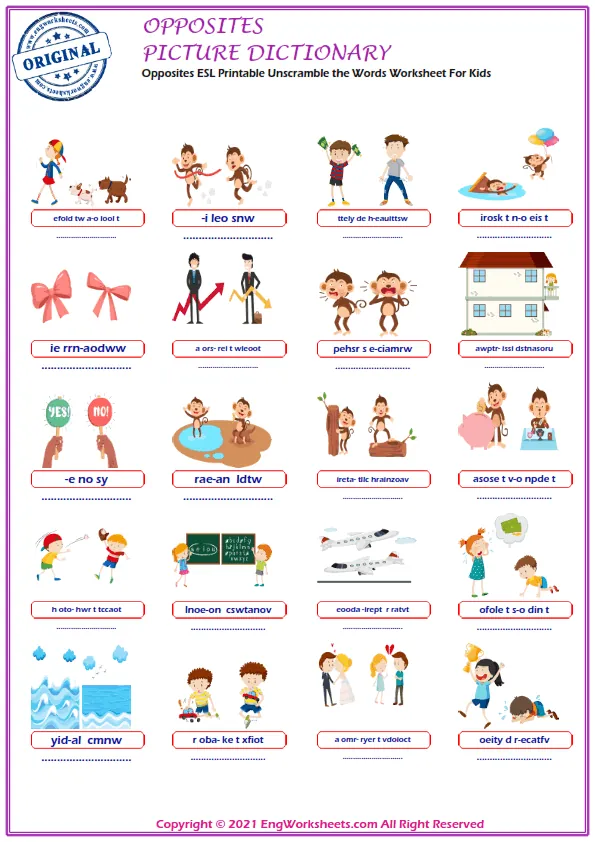 Opposites ESL Printable Unscramble the Words Worksheet For Kids Worksheet Preview