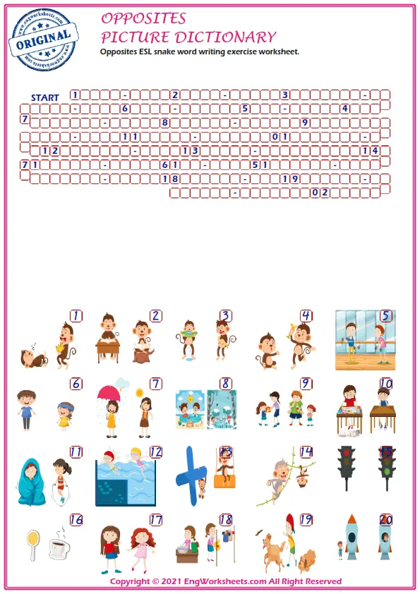 Opposites ESL snake word writing exercise worksheet. Worksheet Preview