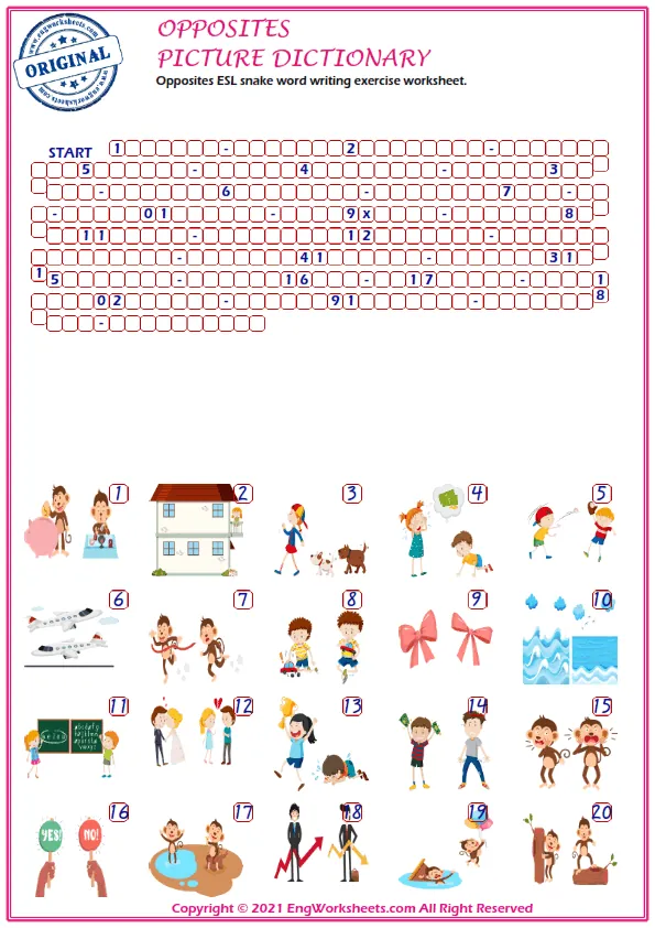 Opposites ESL snake word writing exercise worksheet. Worksheet Preview