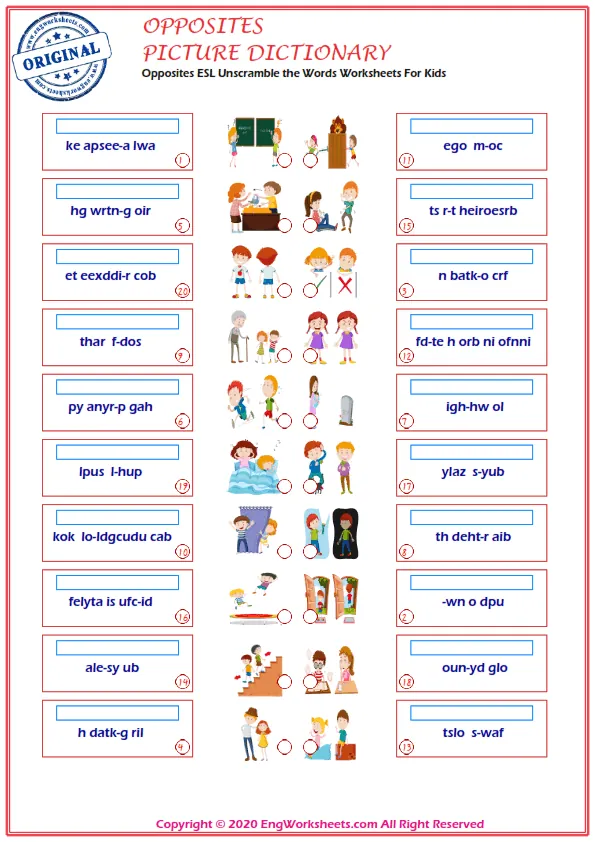 Opposites ESL Unscramble the Words Worksheets For Kids Worksheet Preview