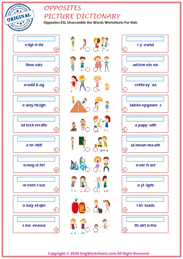 Opposites ESL Unscramble the Words Worksheets For Kids Worksheet Preview
