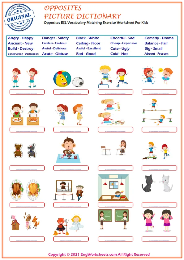 Opposites ESL Vocabulary Matching Exercise Worksheet For Kids Worksheet Preview