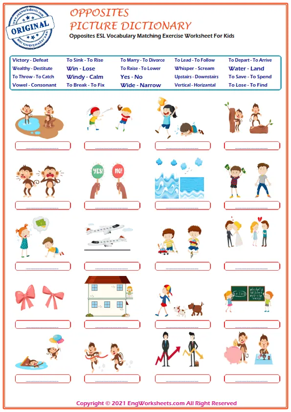 Opposites ESL Vocabulary Matching Exercise Worksheet For Kids Worksheet Preview