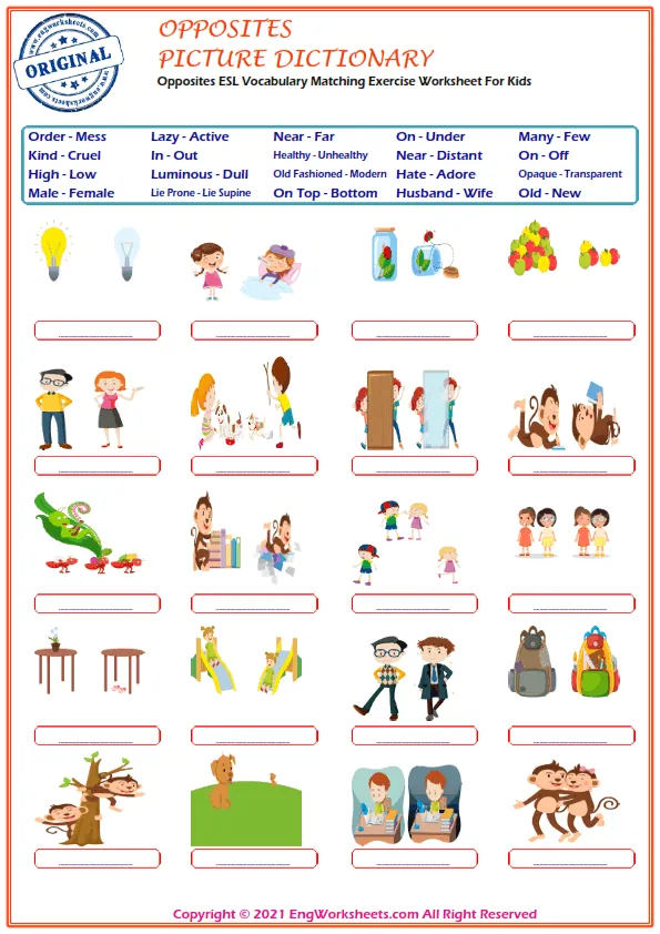 Opposites ESL Vocabulary Matching Exercise Worksheet For Kids Worksheet Preview