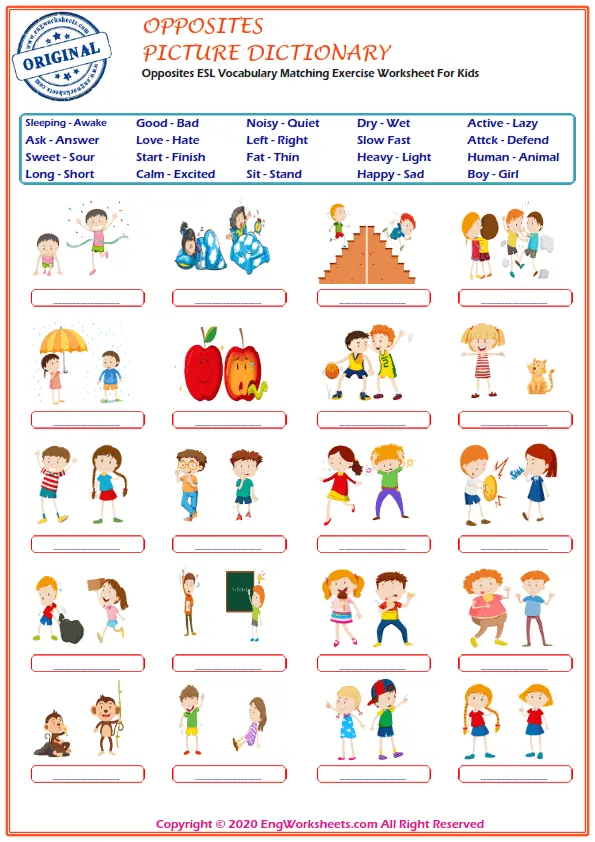 Opposites ESL Vocabulary Matching Exercise Worksheet For Kids Worksheet Preview