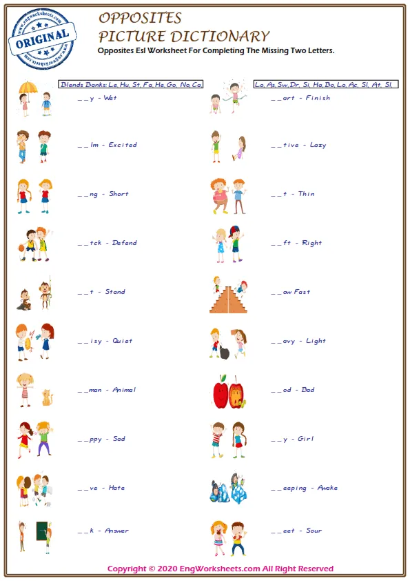 Opposites Esl Worksheet For Completing The Missing Two Letters. Worksheet Preview