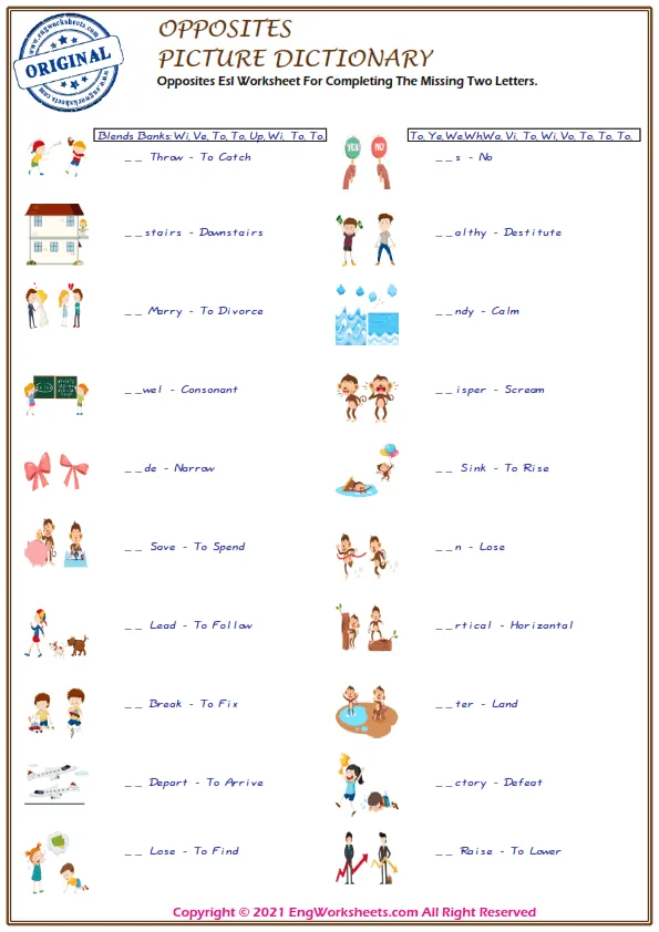 Opposites Esl Worksheet For Completing The Missing Two Letters. Worksheet Preview