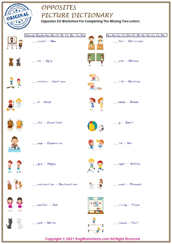 Opposites Esl Worksheet For Completing The Missing Two Letters. Worksheet Preview