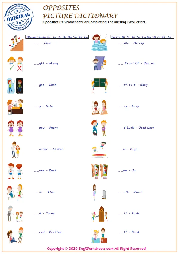 Opposites Esl Worksheet For Completing The Missing Two Letters. Worksheet Preview